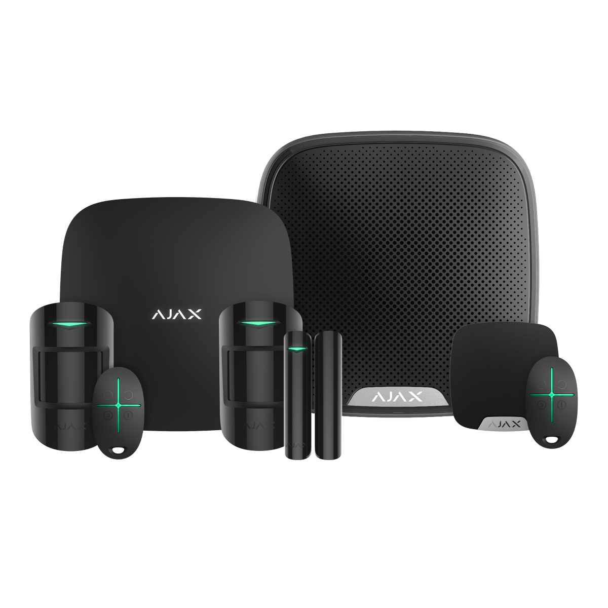 Ajax Home Kit in black, wireless home security system with Hub 2 Plus, motion detectors, door sensor, key fobs and indoor and outdoor sirens