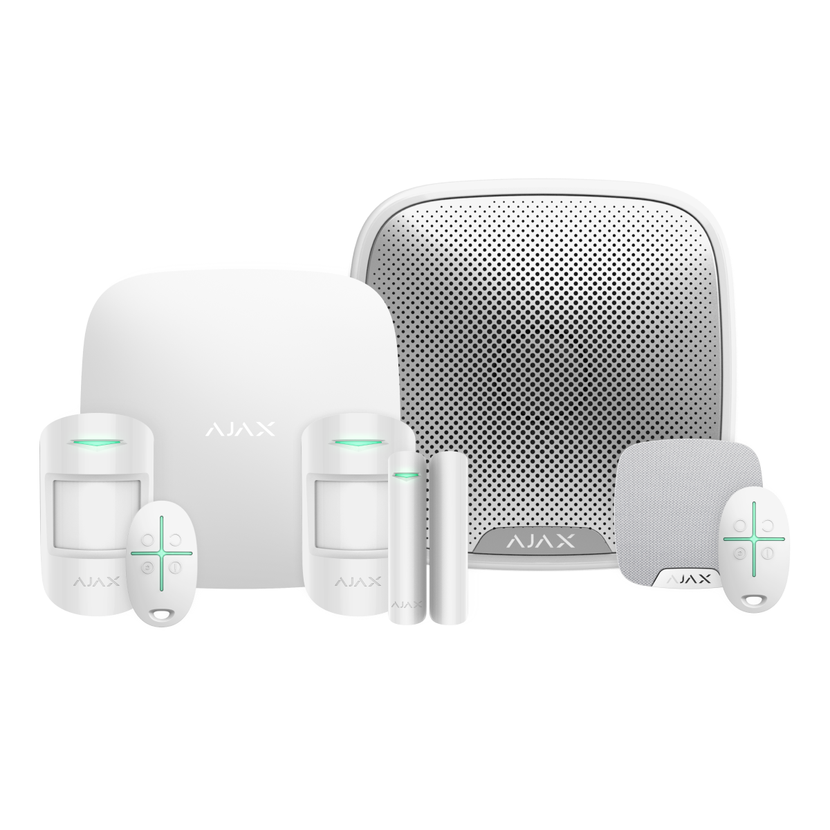 Ajax Home Kit in white, wireless home security system with Hub 2 Plus, motion detectors, door sensor, key fobs and indoor and outdoor sirens