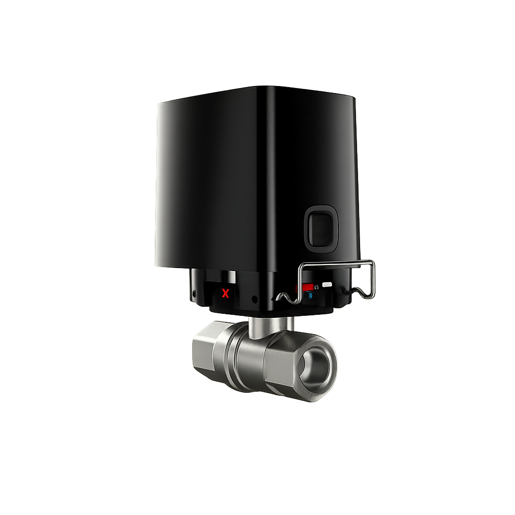 Ajax WaterStop smart water shut off valve in black — motorized brass ball valve that closes the supply line on a leak
