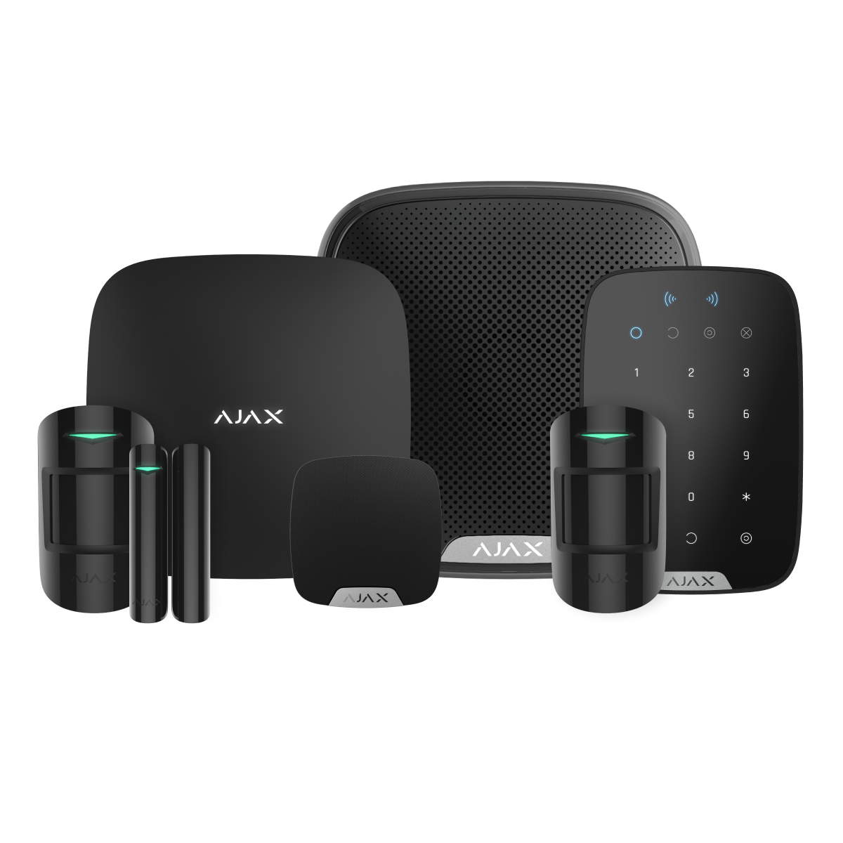 Ajax Whole-Home Kit in black, wireless home security system with Hub 2 Plus, KeyPad TouchScreen, motion detectors and indoor and outdoor sirens