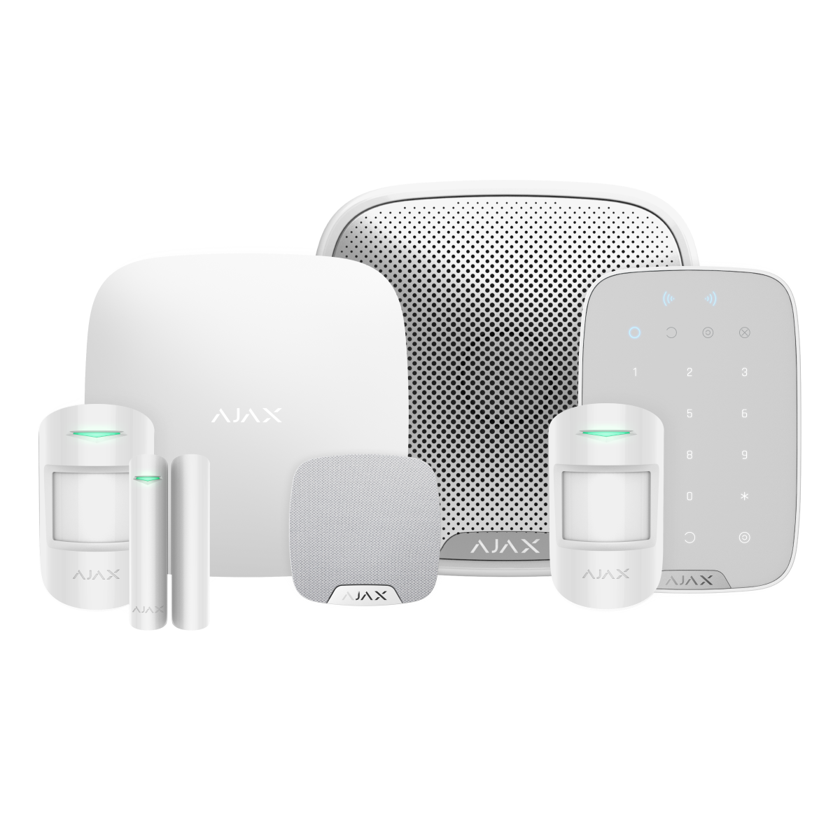 Ajax Whole-Home Kit in white, wireless home security system with Hub 2 Plus, KeyPad TouchScreen, motion detectors and indoor and outdoor sirens