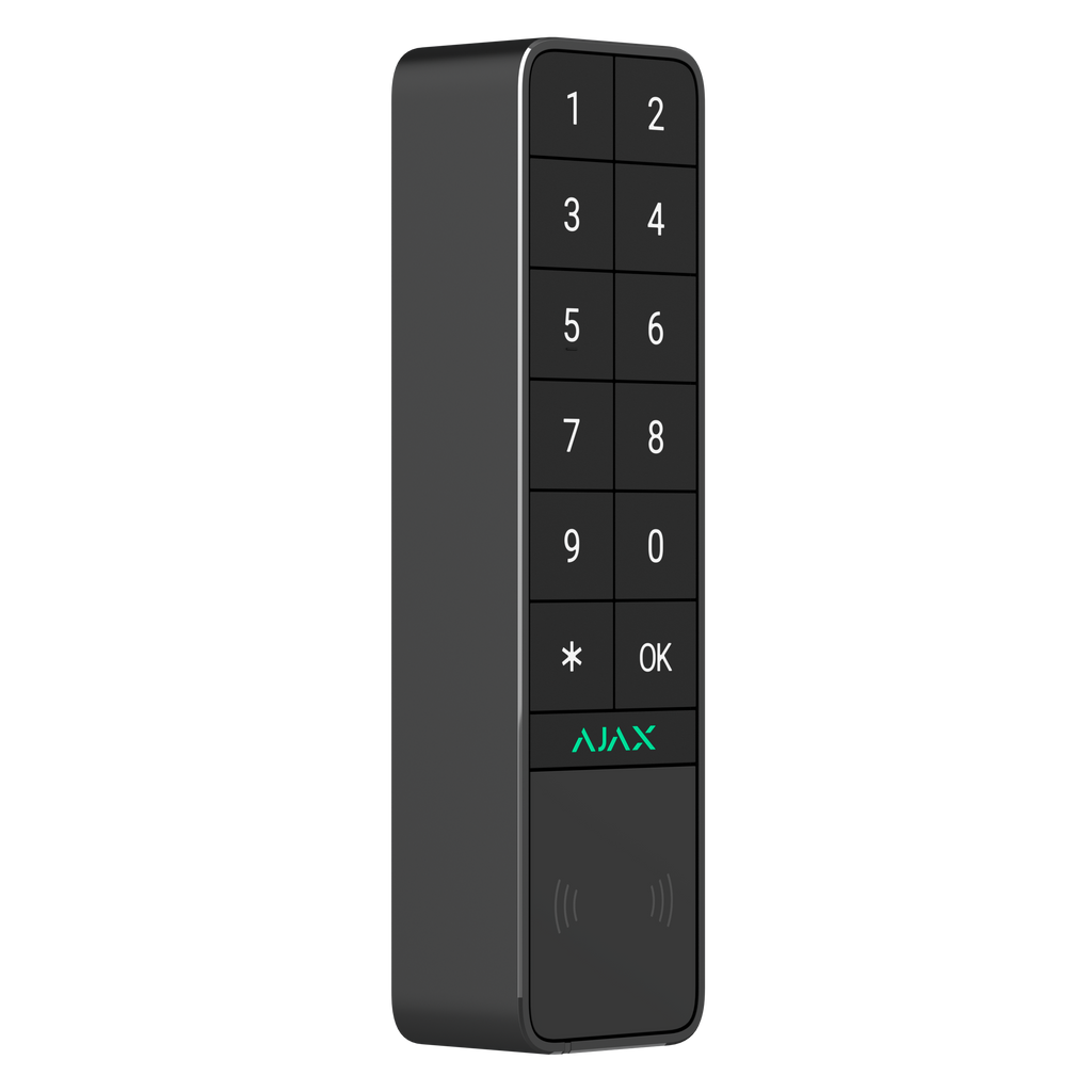 Ajax KeyPad Outdoor wireless outdoor security keypad in black, front angled view
