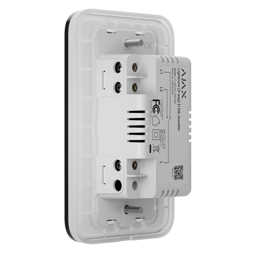 Ajax LightSwitch 3-Way smart touch light switch in black, rear angled view